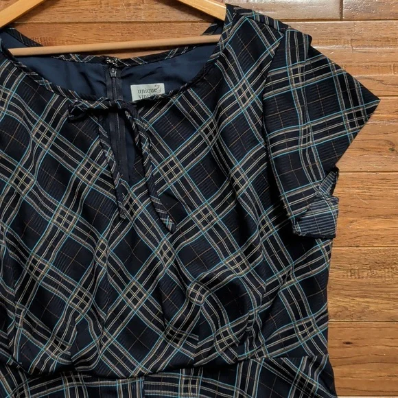 Unique Vintage Keyhole Front Tie Blue Plaid Midi Dress - Picture 4 of 7